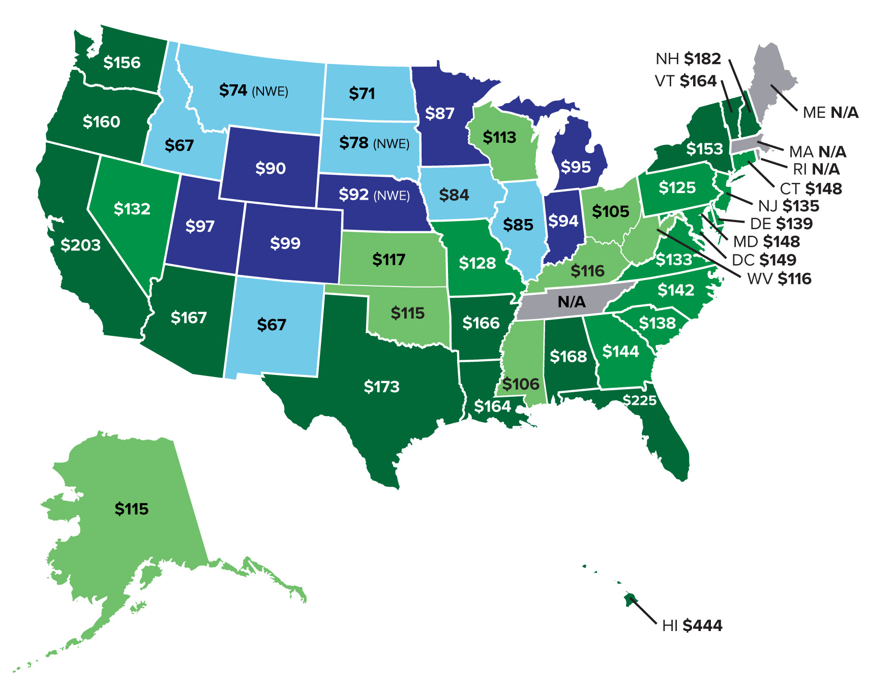 Map showing a comparison of gas rates across the US